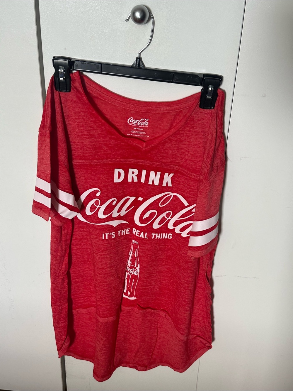 Coca-Cola Red Tee with White Logo and Sleeve Stripes